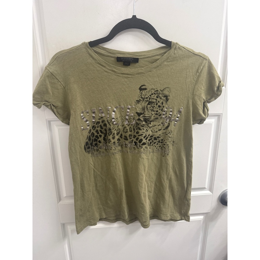 3/$30 AllSaints Leopard Graphic T-Shirt Olive Green Metallic Since 94
